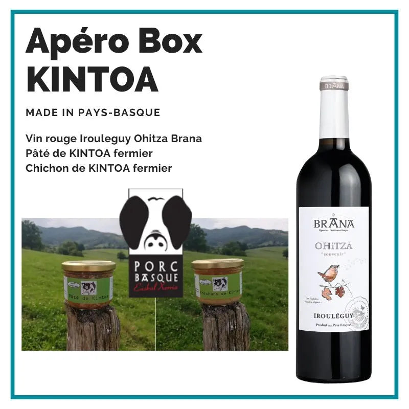 Kintoa aperitiefdoos: kintoa paté en kintoa chichon en een fles Bana Ohiitza irrouleguy rode wijn